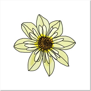 Yellow Minimal Line Drawing Collarette Dahlia Flower Posters and Art